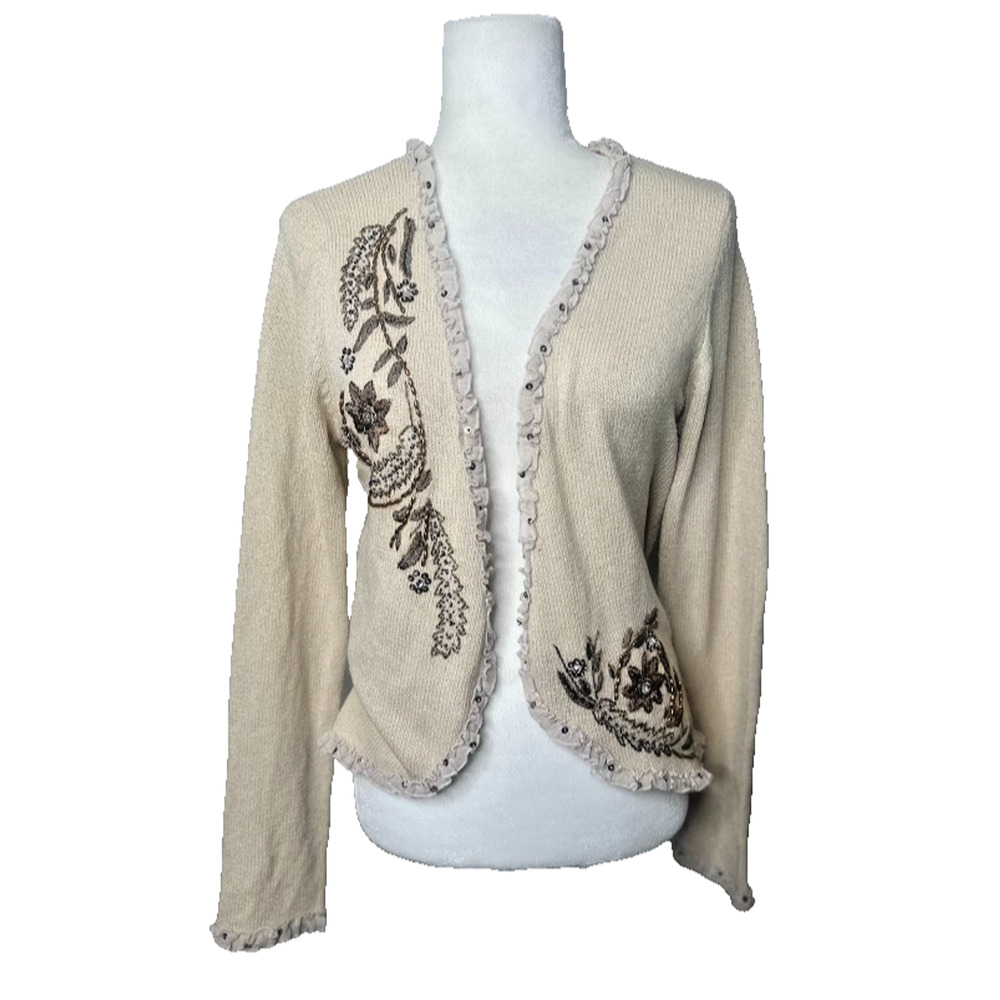 Vintage Coldwater‎ Creek Large Cardigan Sweater Festival Boho Ruffle Bead Earthy
